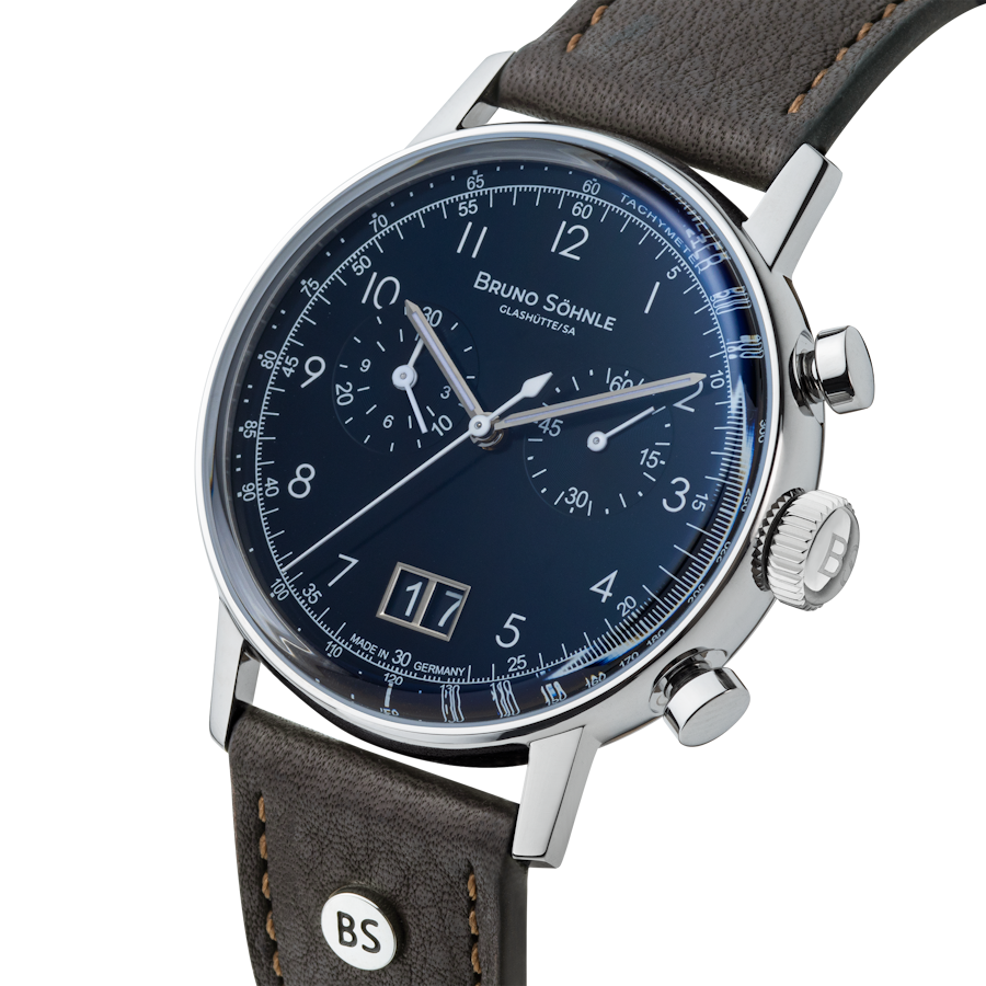 Bruno Söhnle Bergamo Chronograph 17-13237-331 – Seitenansicht der blauen Herrenuhr mit mokkafarbenem Lederband