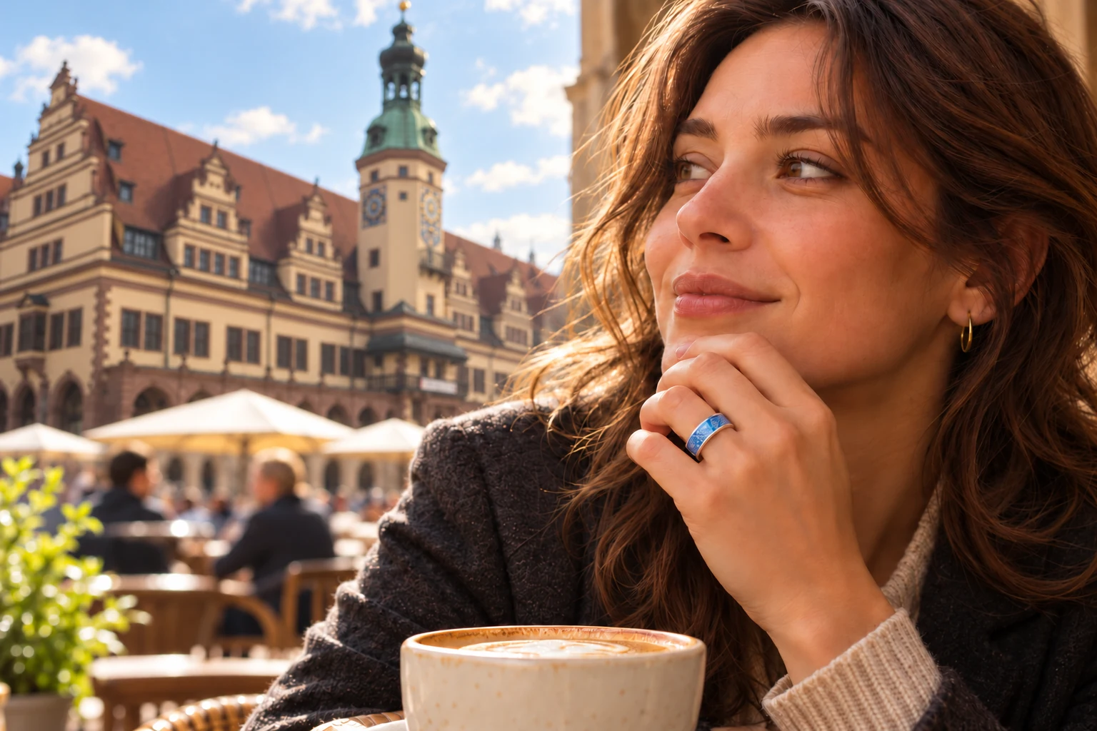Illustrative Café-Szene mit blauem Leipzigring