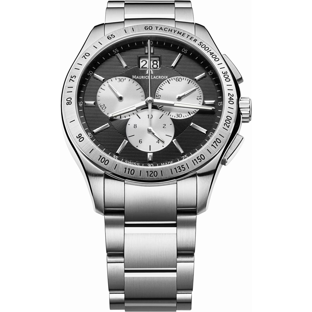 Maurice Lacroix Miros Chronograph mit dunklem Zifferblatt, silberfarbenen Totalisatoren und Edelstahlarmband