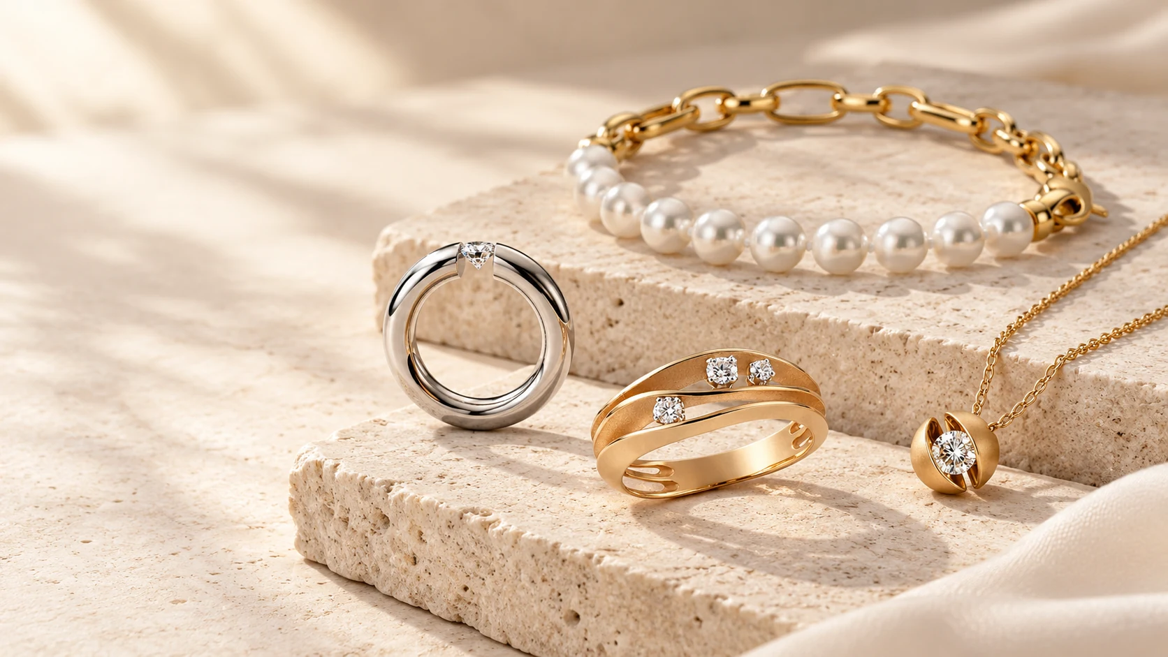 Cammilli-Ring, Niessing-Spannring, Schaffrath-Calla-Anhänger und Yana-Nesper-Perlenarmband auf hellem Naturstein, KI-inszeniert.